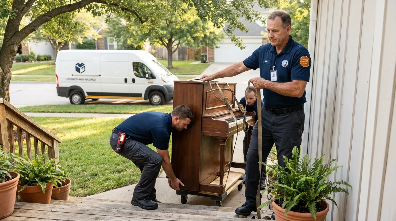 Licensed piano movers securing grand piano in Somerset, NJ