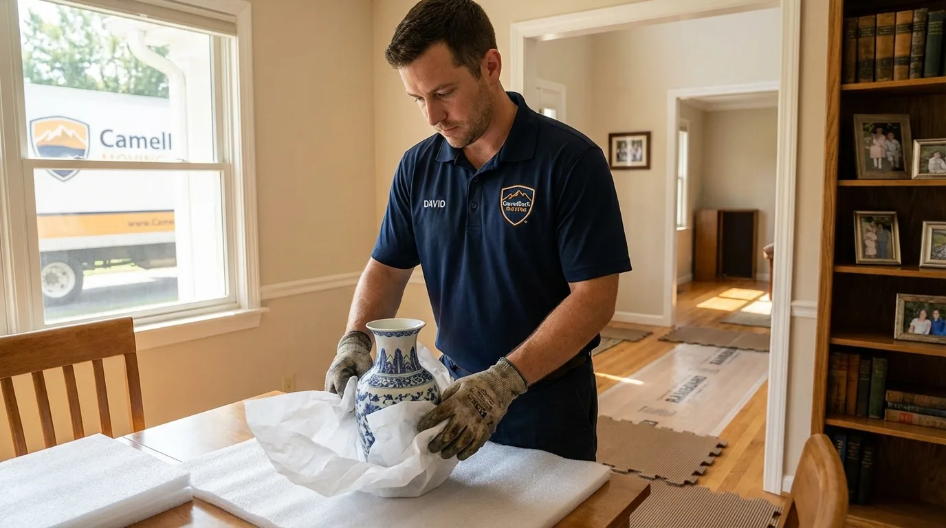 Professional crew carefully wrapping antique vase for senior downsizing move in Somerset, NJ